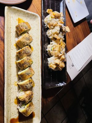 Left: dragon roll (tastes more like salmon skin), right: baked scallop roll (too bad they don’t tableside flambé anymore)  at Shojin - Culver City in Culver City