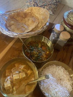 Tofu korma, Aloo Mutter, bhature and rice. A feast for two  at Ahaara Veda Indian in Koh Phangan