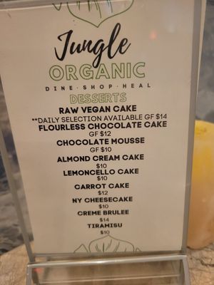 Raw Vegan dessert list at The Jungle in Melbourne