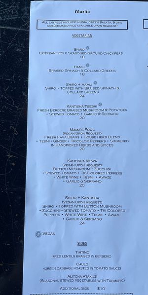 menu  at Muzita Abyssinian Bistro in San Diego