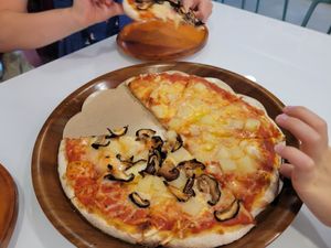 Hawain pizza, my kids asked for mushrooms on one side. at Mayse Pizzeria in Kowloon