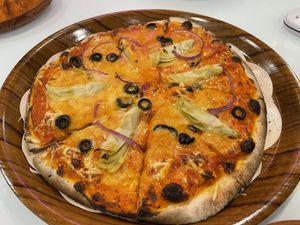 Mediterranean pizza - felt it was lacking in toppings as compared to pics of other diners. And crust a bit overdone...  at Mayse Pizzeria in Kowloon