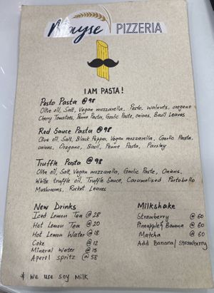 Pasta menu at Mayse Pizzeria in Kowloon