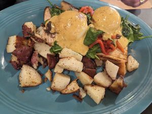 Vegan portabella spinach benedict at House of Benny's in Poland
