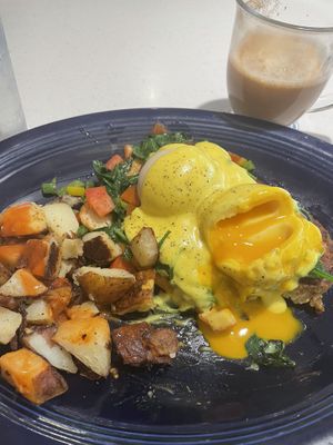 Sausage and spinach Benedict   at House of Benny's in Poland