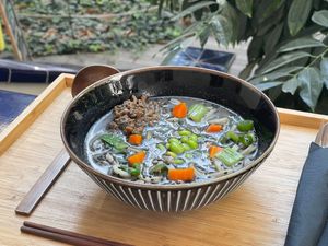 Kurogoma (Black sesamo) Udon- Vegan option with tofu at Cafeteria Kasa Hanaka in Barcelona