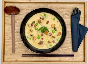 Corn cream Udon with Tofu 
(Availble from Apr- May 2024) at Cafeteria Kasa Hanaka in Barcelona