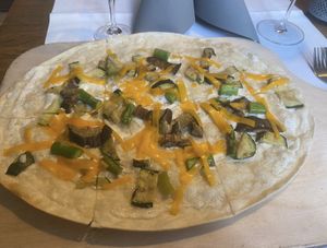 Vegan tarte flambée with eggplant, green asparagus , zucchini and vegan cheese   at Restaurant Worpsweder Bahnhof in Worpswede