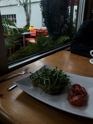 Avocado Toast w thyme tomato instead of egg at Off The Tracks Cafe in Vancouver