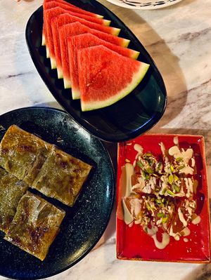 Watermelon, melon with tahini, katmer stuffed with pistachio (ask without ice cream)  at Chefmezze Mersin in Mersin