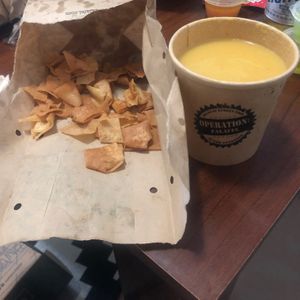 Lentil soup & fried bread at Operation Falafel  in Abu Dhabi