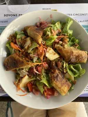 Fresh salad with fruit and vegetable crepes  at Le-Bis-Troquet in Carcassonne