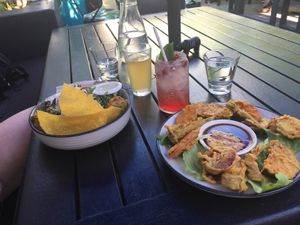 Friends salad (left, a bit hidden, sorry!) and tempura veg at East St Cafe and Bar in Nelson