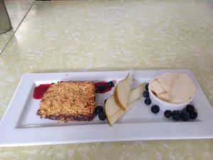 warm apricot slice with chocolate crust and vegan ice cream  at East St Cafe and Bar in Nelson