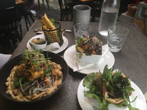 Main course and starters to share. All vegan. at East St Cafe and Bar in Nelson
