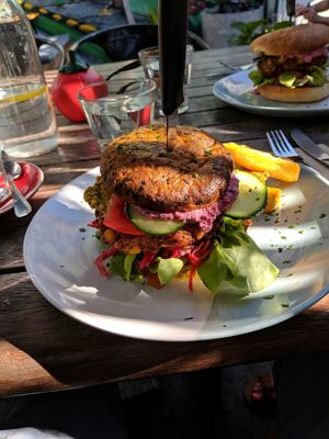 gluten free bun veggie burger at East St Cafe and Bar in Nelson