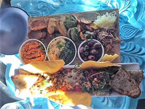 Mezze type tasting plate for 2 - vegan at East St Cafe and Bar in Nelson