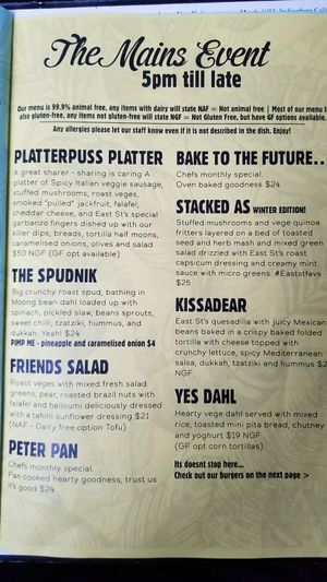 Dinner menu ~ November '18 at East St Cafe and Bar in Nelson