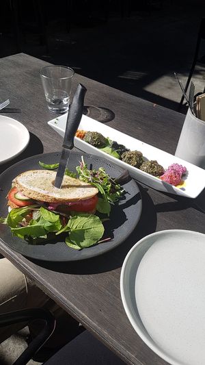 Stuffed mushrooms and seitan sausage sandwich at East St Cafe and Bar in Nelson