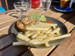 Satay pie of the day and fries at East St Cafe and Bar in Nelson