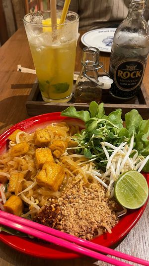 Pad thai and pineapple syrup soda  at Ginger Farm Kitchen in Pattaya