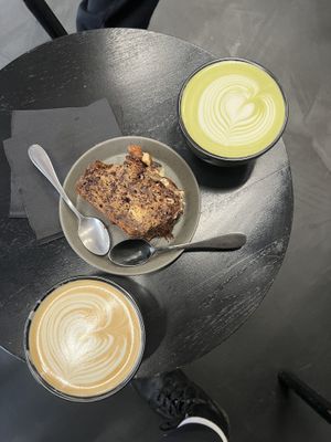 dirty chai, choc & almond loaf, matcha   at Motors Coffee in Paris