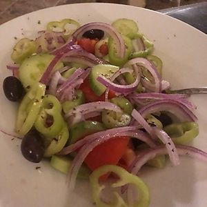 Greek salad no cheese   at Ilia's Orchard in Skiathos