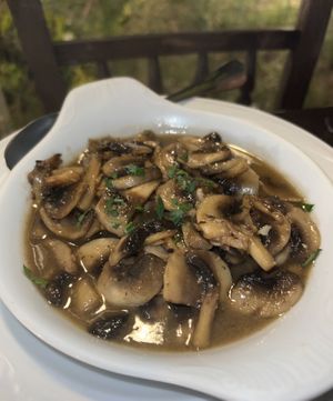 Mushrooms in garlic   at Ilia's Orchard in Skiathos