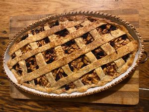 Vegan apple and blackberry pie with fruits from the garden and locally foraged   at The House in the Village in Pellumbas