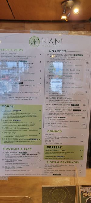 The menu at Nam Vegan Express in Burnaby