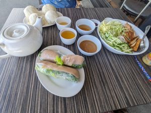Fresh rolls, steamed buns, vermicelli bowl at Nam Vegan Express in Burnaby