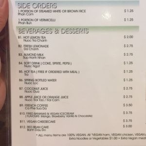 menue  at Nam Vegan Express in Burnaby