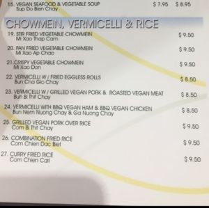 menue  at Nam Vegan Express in Burnaby