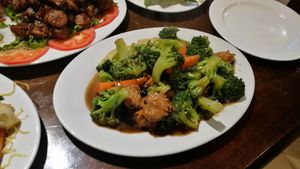 Broccoli and "chicken" in black bean sauce at Nam Vegan Express in Burnaby