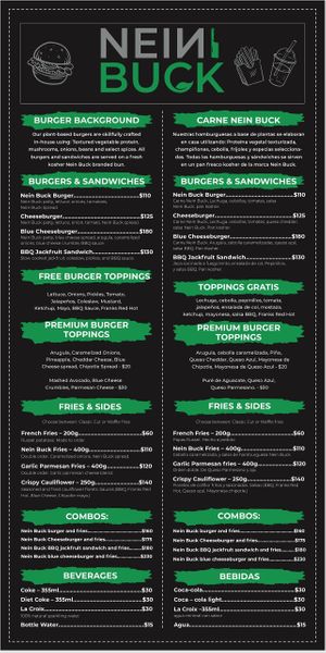 Updated menu at Nein Buck in Playa Del Carmen