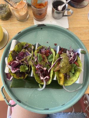 Vegan mushroom and soy chorizo tacos  at Selva Taqueria Plantbased in Cabo San Lucas