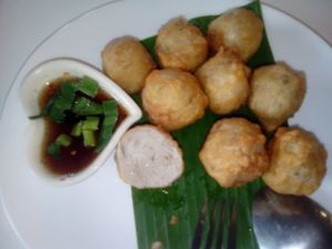 Fake fish/pork balls at Loving Hut - Saraburi in Sara Buri