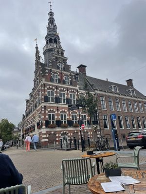 View of city hall from the terrace   at Brasserie De Stadstuin in Franeker