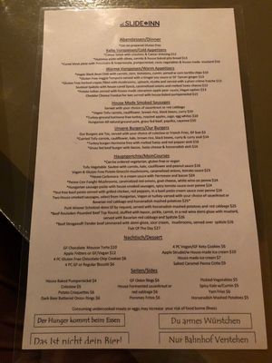 Dinner menu. The asterisk indicates gluten free options, not always vegan  at The Slide Inn in Portland