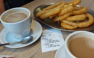 Café con leche de soja y tejeringos at Tejeringo's Coffee in Malaga