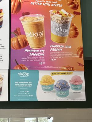 Season pumpkin options and plant based ice cream  at Nekter Juice Bar in Jacksonville Beach