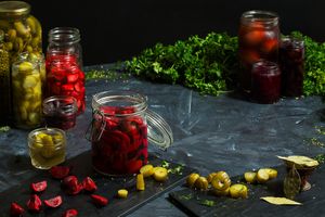 Deli with tons of pickled and fermented veggies and olives at Falafel Salam in Seattle