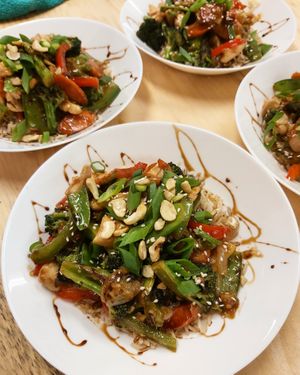 Veggie stir-fry with brown basmati rice and house made kecap manis at Rockin' Rogi Diner in Middleton