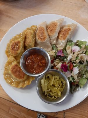 6 pierogi with 2 toppings and a side micro salad at Rockin' Rogi Diner in Middleton