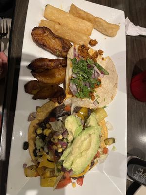 Sampler plate with yuca fries and plantains   at La Rumba Restaurant Latino in Asheville
