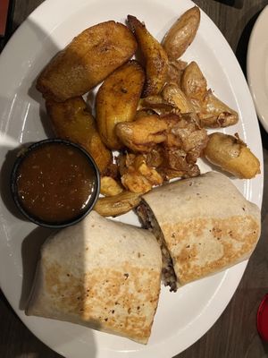 Burrito with smashed potatoes and plantains   at La Rumba Restaurant Latino in Asheville