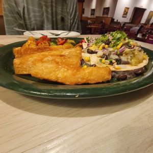 Enfrijoladas with grilled veggies & yucca fries at La Rumba Restaurant Latino in Asheville