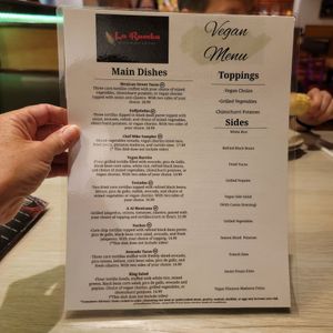 Vegan menu at La Rumba Restaurant Latino in Asheville