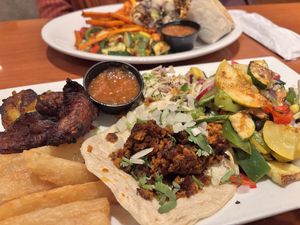 All vegan! Sampler plate and a vegan burrito   at La Rumba Restaurant Latino in Asheville