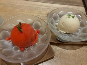 Strawberry sorbet (seasonal) and tofu gelato at Tofu Sorano Minami Senba in Osaka
